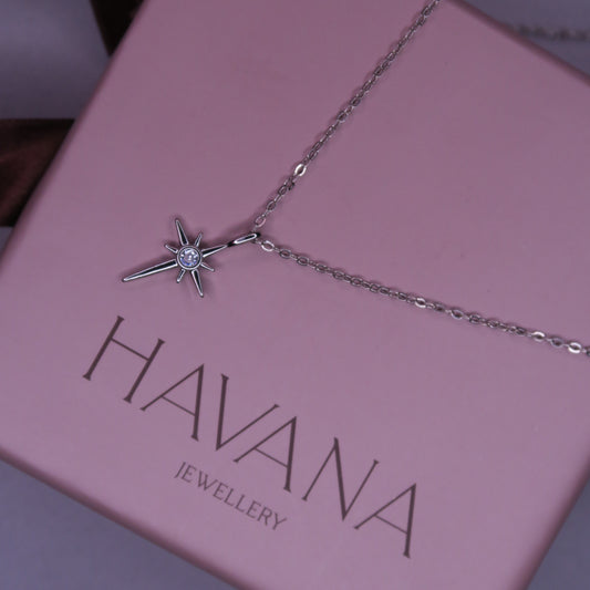 Colier NORDIC STAR cu pandantiv minimalist și cristal central - placat cu Argint 925