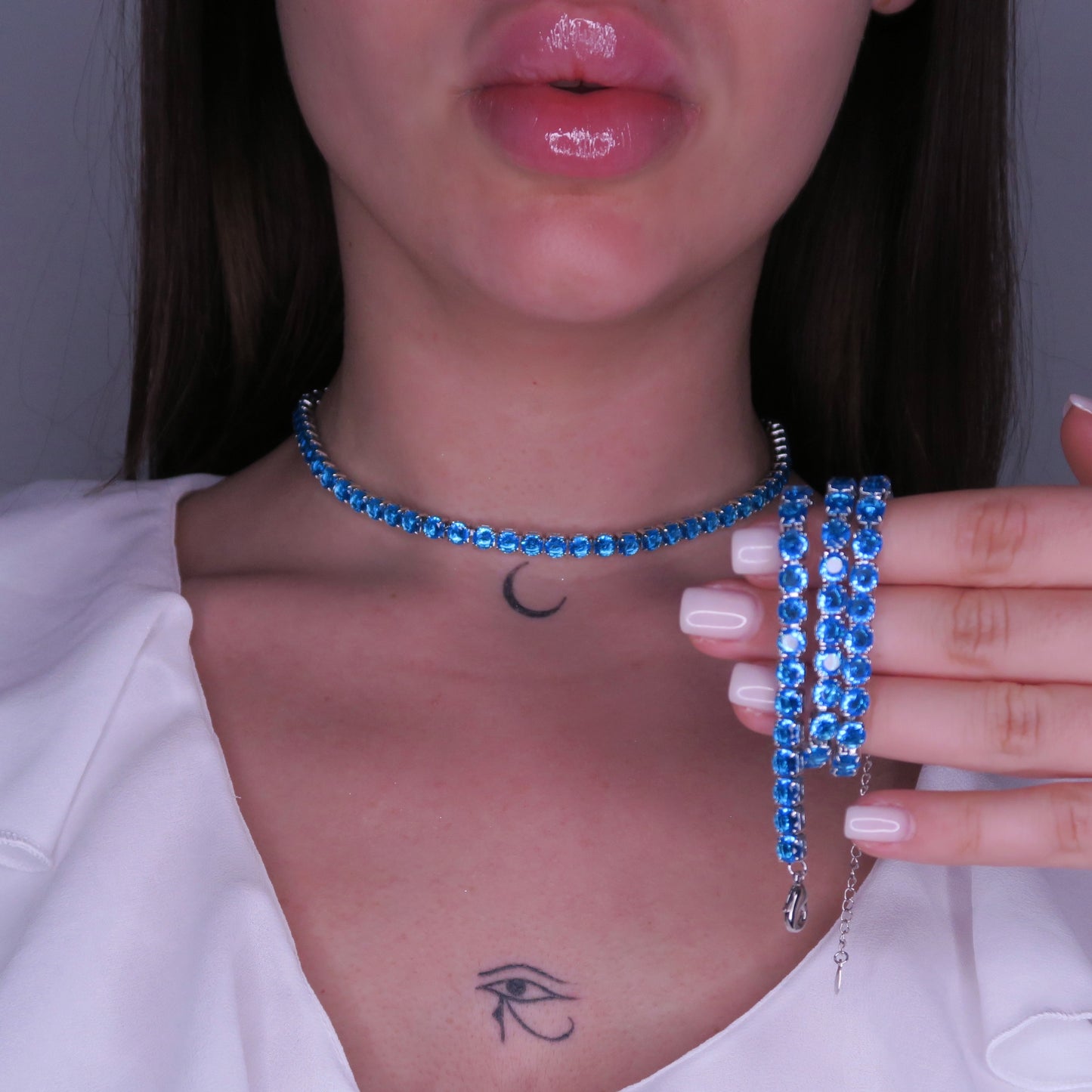Colier Tennis 5mm Albastru SKY BLUE cu Cristale Swarovski și placaj din Argint 925