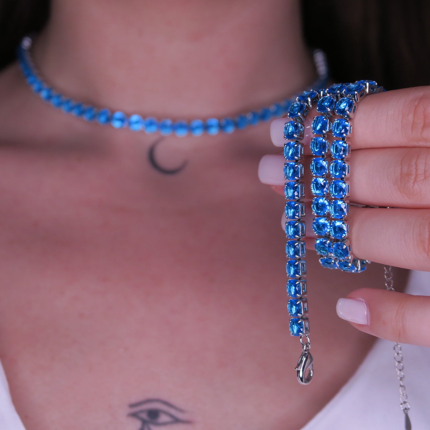Colier Tennis 5mm Albastru SKY BLUE cu Cristale Swarovski și placaj din Argint 925